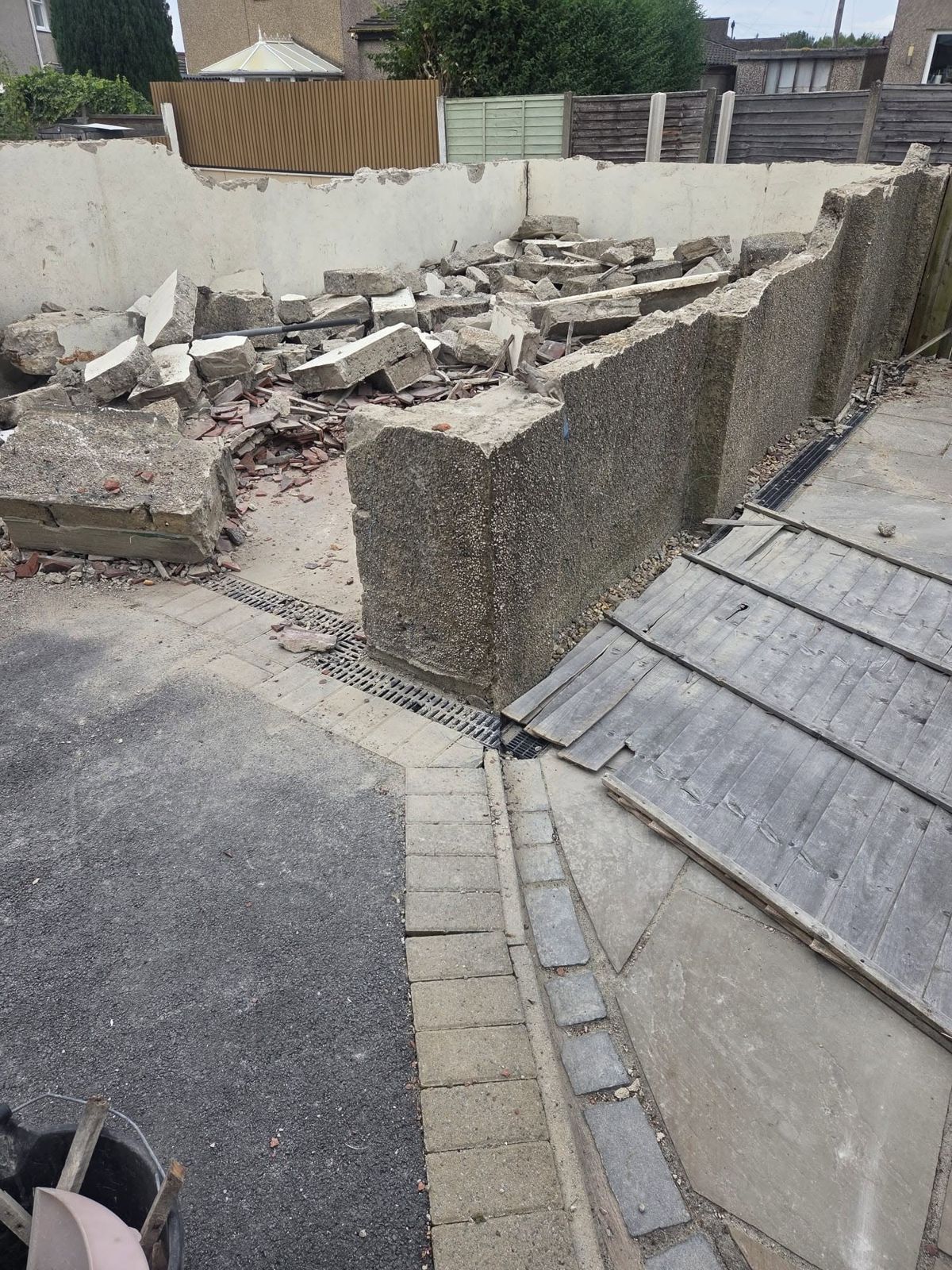 Rubble from the old garage walls after demolition